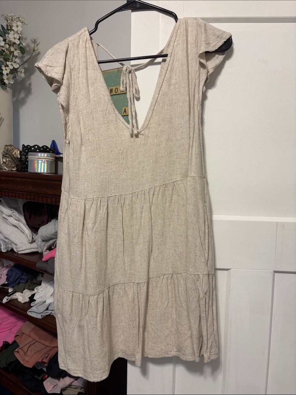 Linen-Texture Cream Tiered V-Neck Women's Dress